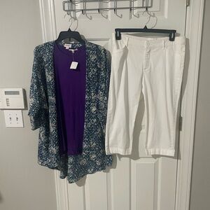 Floral Kimono with Purple Cyrus Top large nwt and White Pants capris s12